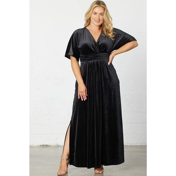 Kiyonna Black Maxi Dress 5X Verona Velvet Pockets Flutter Sleeves Slits Slimming - Picture 5 of 9